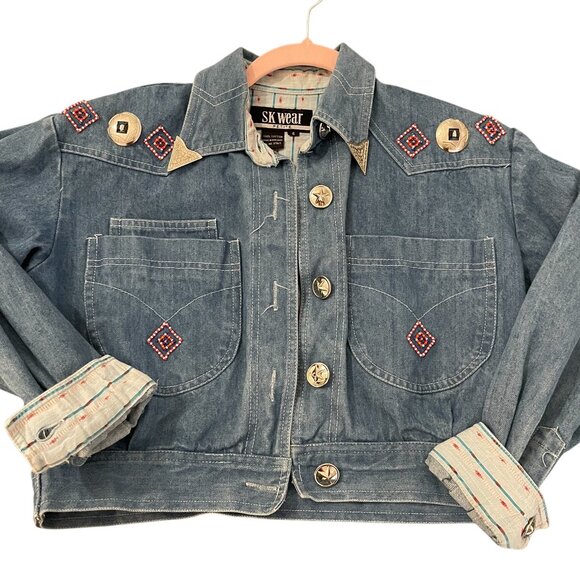 SK Wear Jackets & Blazers - ✨ STUNNING Vintage SK Wear 1990s Southwestern Beaded Denim Jacket Ranch Size 6 ✨